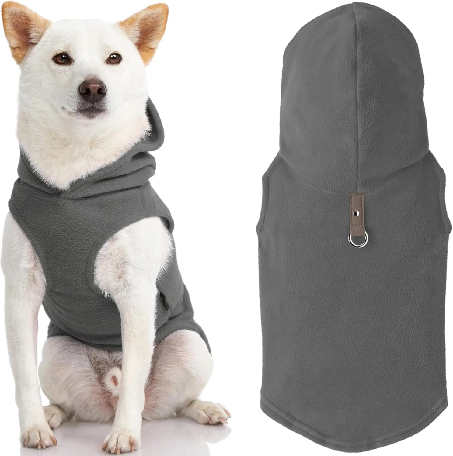 Gooby Fleece Vest Hoodie Dog Sweater - Gray, X-Large - Warm Pullover Dog Hoodie with O-Ring Leash for Small to Medium Dogs