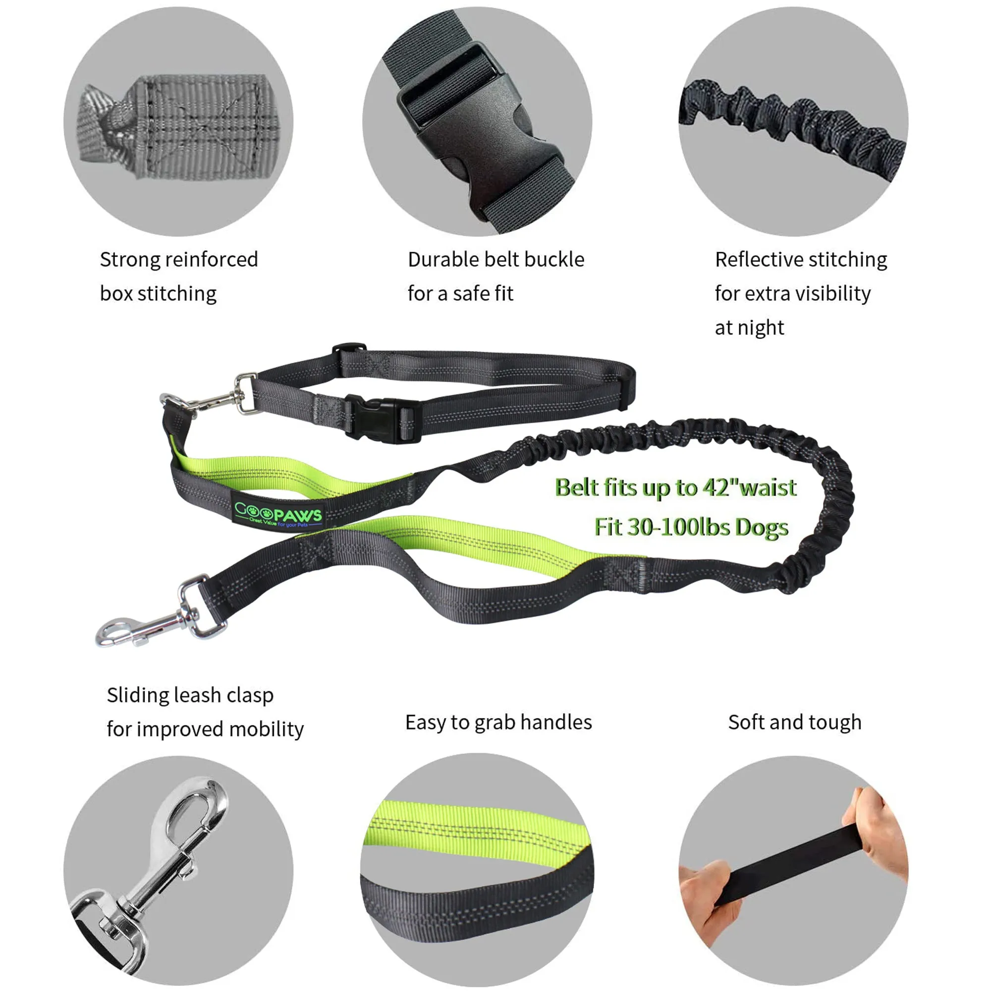 GOOPAWS No Pull Hand Free Bungee Dog Leash for Hiking, Running, Green