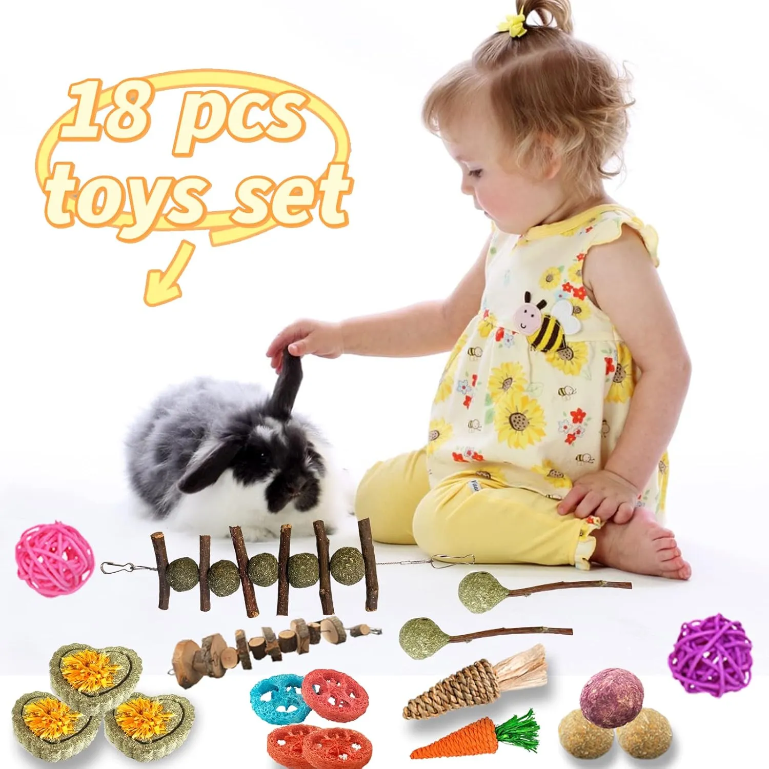 Grddaef 18 PCS Bunny Toys, Rabbit Toys Guinea Pig Toy Natural Apple Wood Grass Timothy Sticks Chew and Treat for Guinea Pigs Hamster Chinchillas