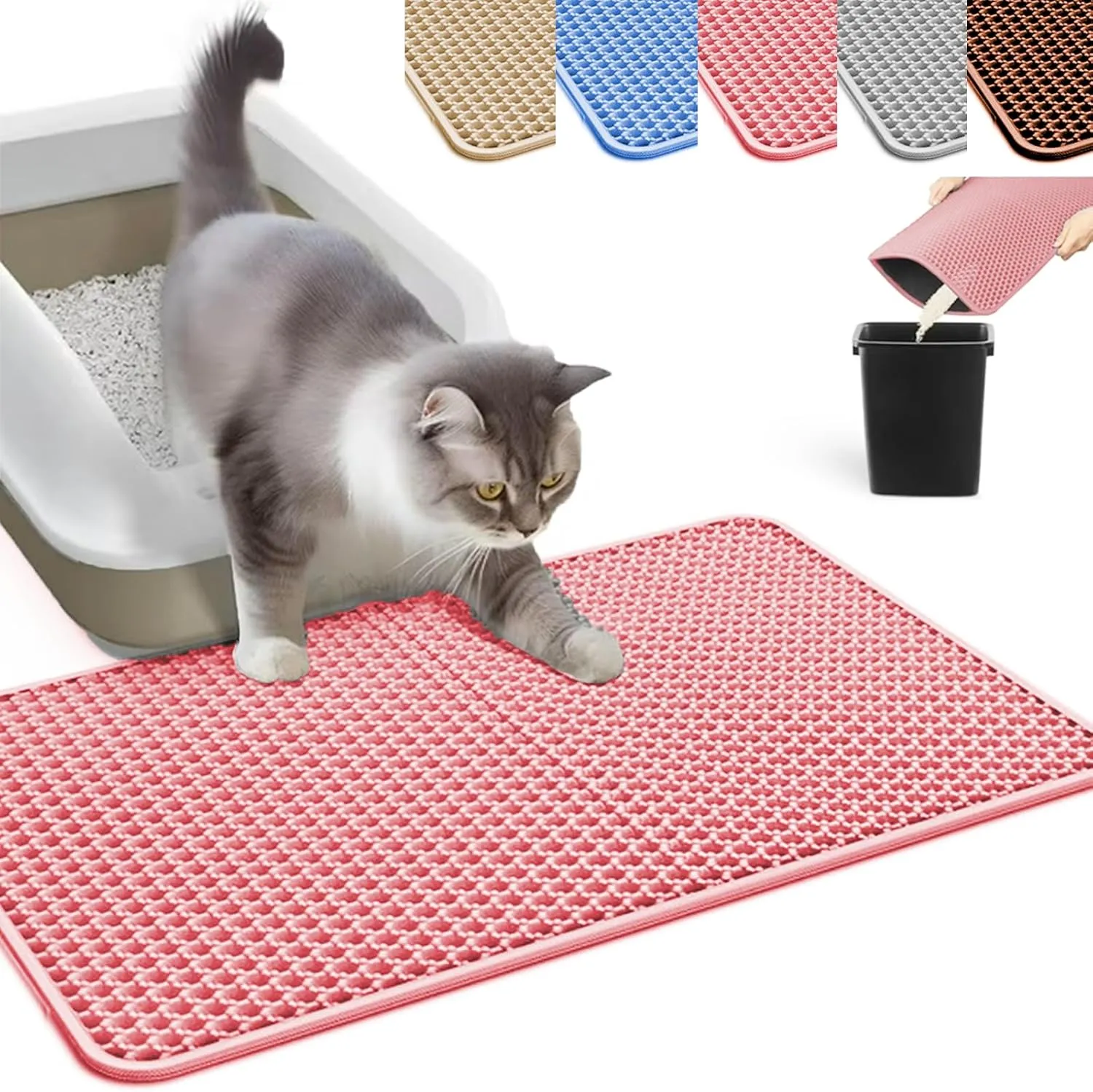 HCY&WLD Cat Litter Mat, Honeycomb Double Layer Cat Litter Trapping Mat, Waterproof Urine Proof Non-Slip, Scatter Control, Less Waste, Easier to Clean (Pink, 30" X 22")