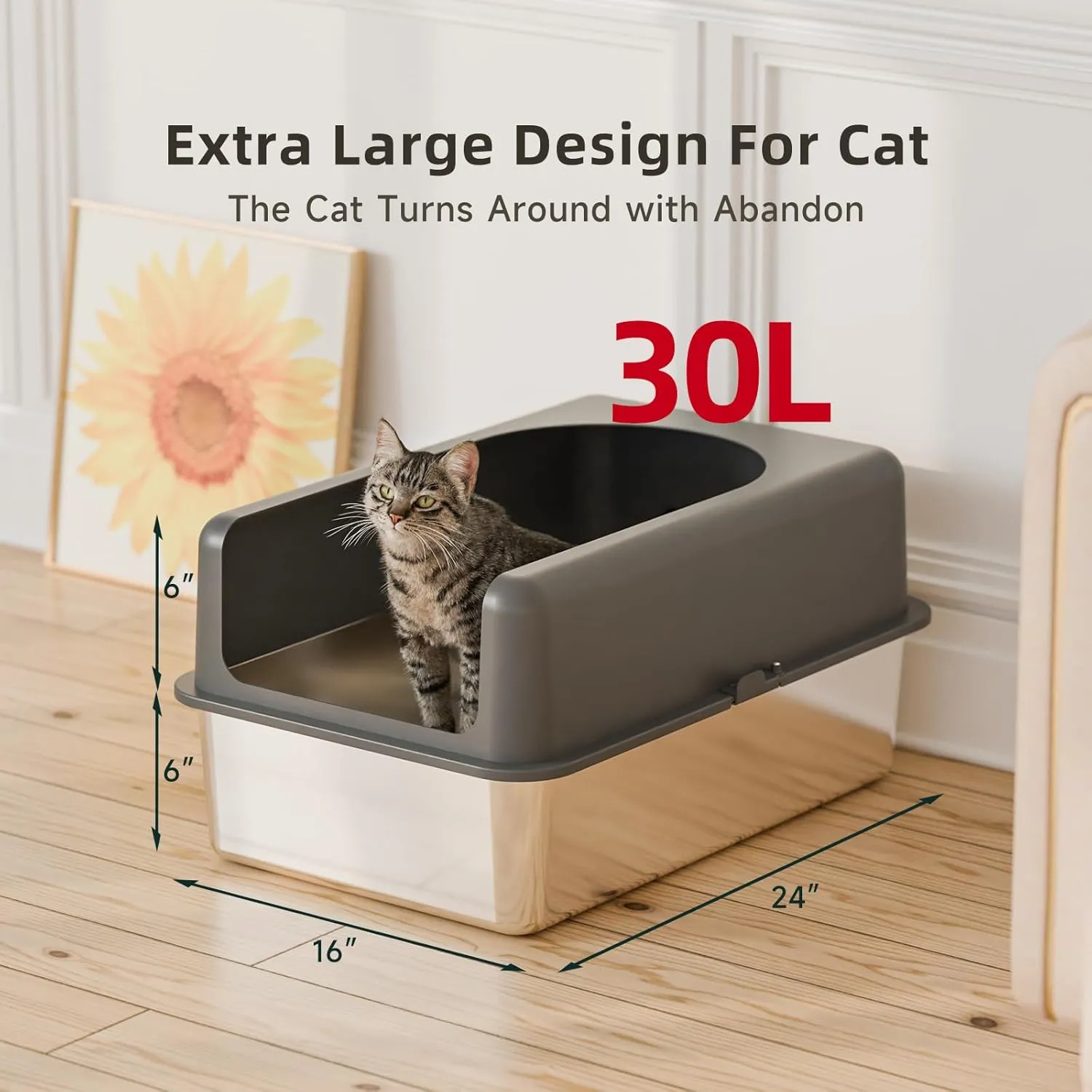 High-Sided Stainless Steel Cat Litter Box,Stainless Steel Litter Box with Lid,Extra Large Litter Box,Easy-to-Clean Metal Litter Pan for Cats (24''L X 16''W X 12''H with Enclosure)