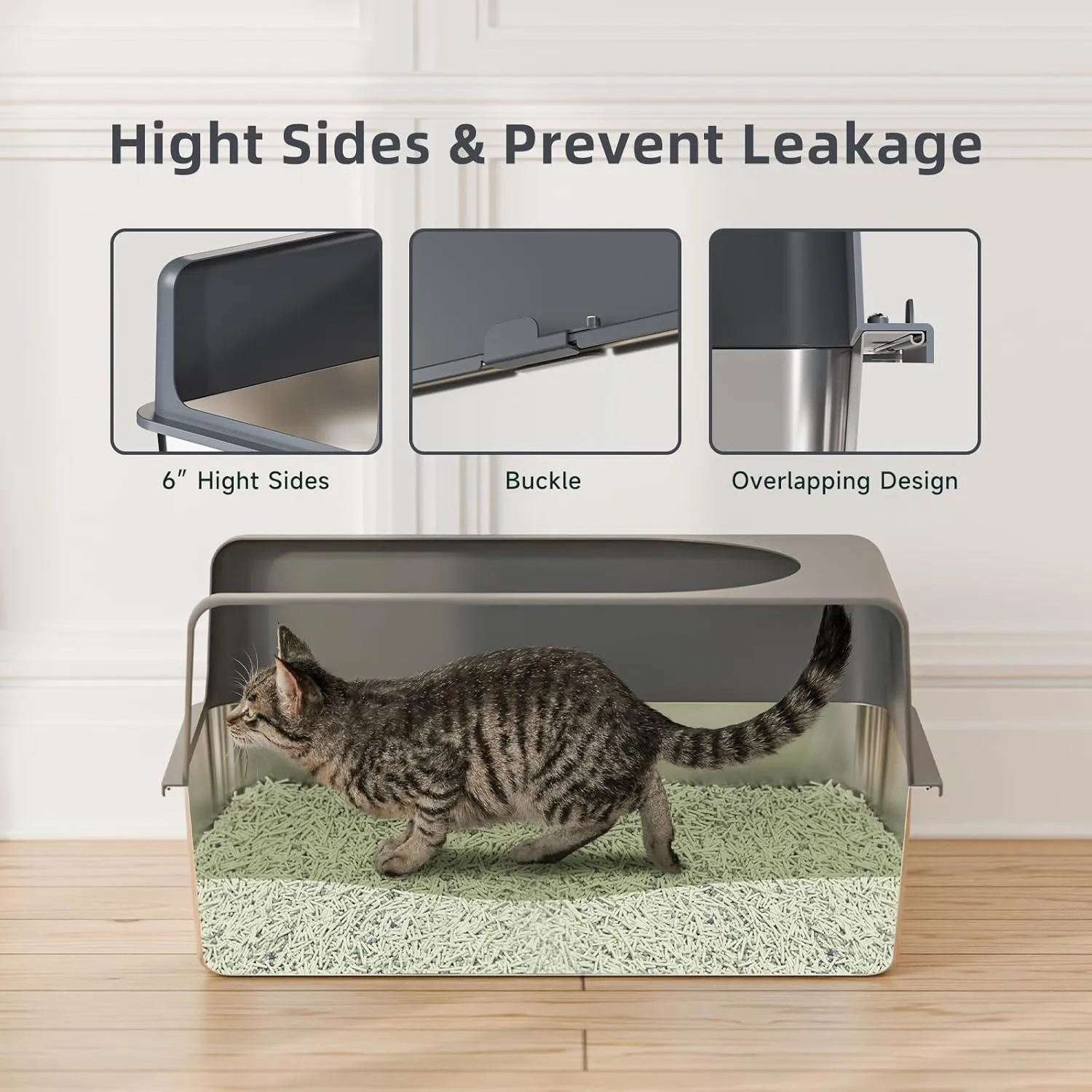 High-Sided Stainless Steel Cat Litter Box,Stainless Steel Litter Box with Lid,Extra Large Litter Box,Easy-to-Clean Metal Litter Pan for Cats (24''L X 16''W X 12''H with Enclosure)