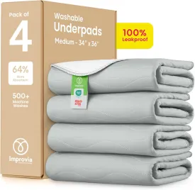 IMPROVIA Washable Underpads, Heavy Absorbency Reusable Incontinence Pads for Kids, Adults, Elderly, and Pets - Waterproof Protection Floor Gray & White (4 Pack - 34x36)
