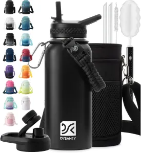 Insulated Water Bottle | Thickened Stainless Steel Vacuum Metal Thermos | Portable Sports Water Jug for Gym and Hiking with Straw, Carrier Bag, Handle Strap | BPA-Free 32 oz, Black