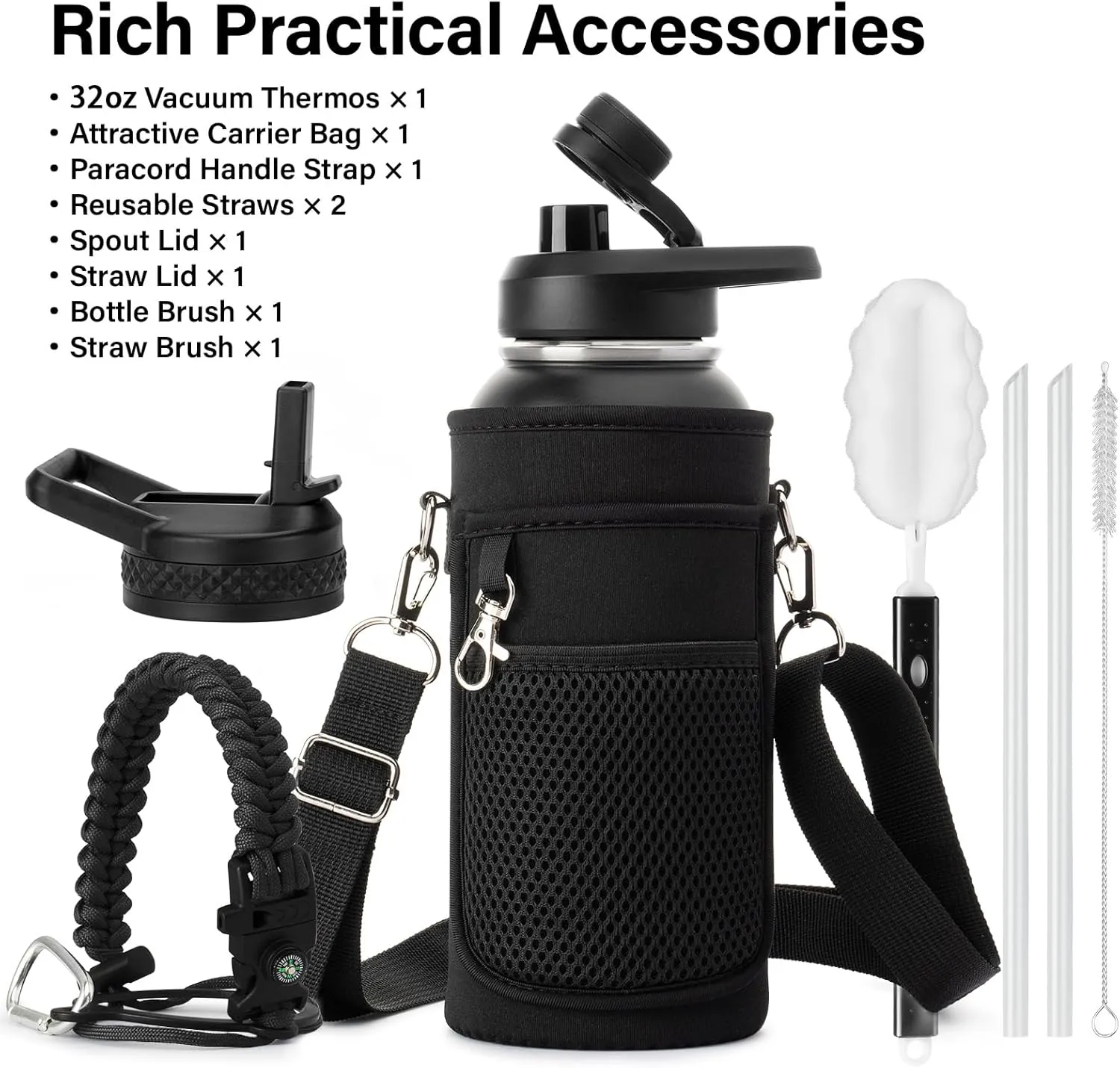 Insulated Water Bottle | Thickened Stainless Steel Vacuum Metal Thermos | Portable Sports Water Jug for Gym and Hiking with Straw, Carrier Bag, Handle Strap | BPA-Free 32 oz, Black