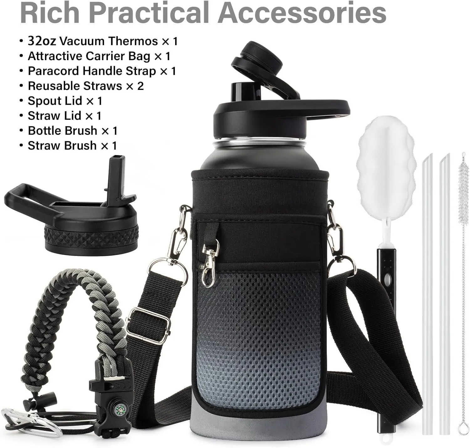 Insulated Water Bottle | Thickened Stainless Steel Vacuum Metal Thermos | Portable Sports Water Jug for Gym and Hiking with Straw, Carrier Bag, Handle Strap | BPA-Free 32 oz