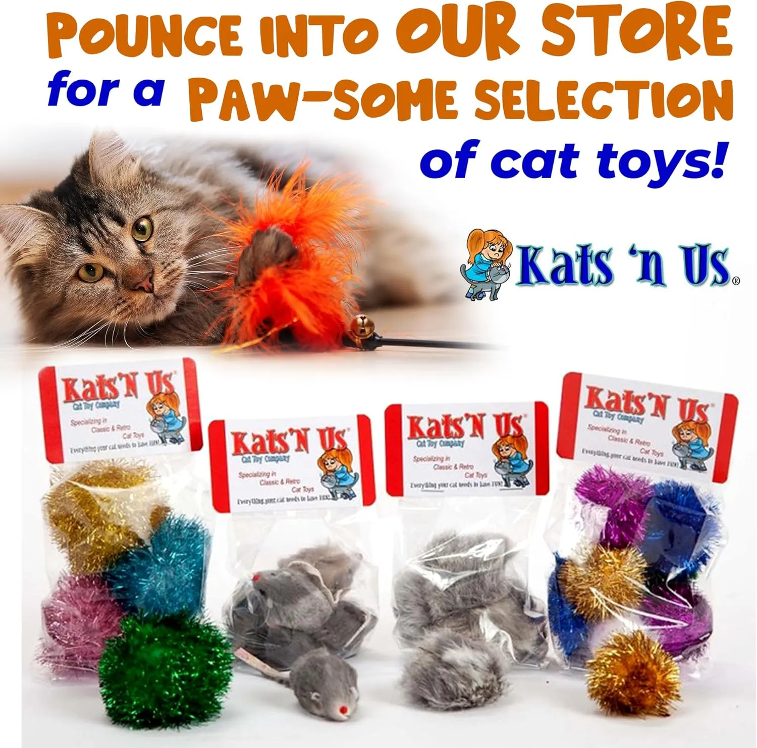 Kats'N Us Cat Feather Crinkle Teaser Cat Toy Teaser Wand (Dark Pink)