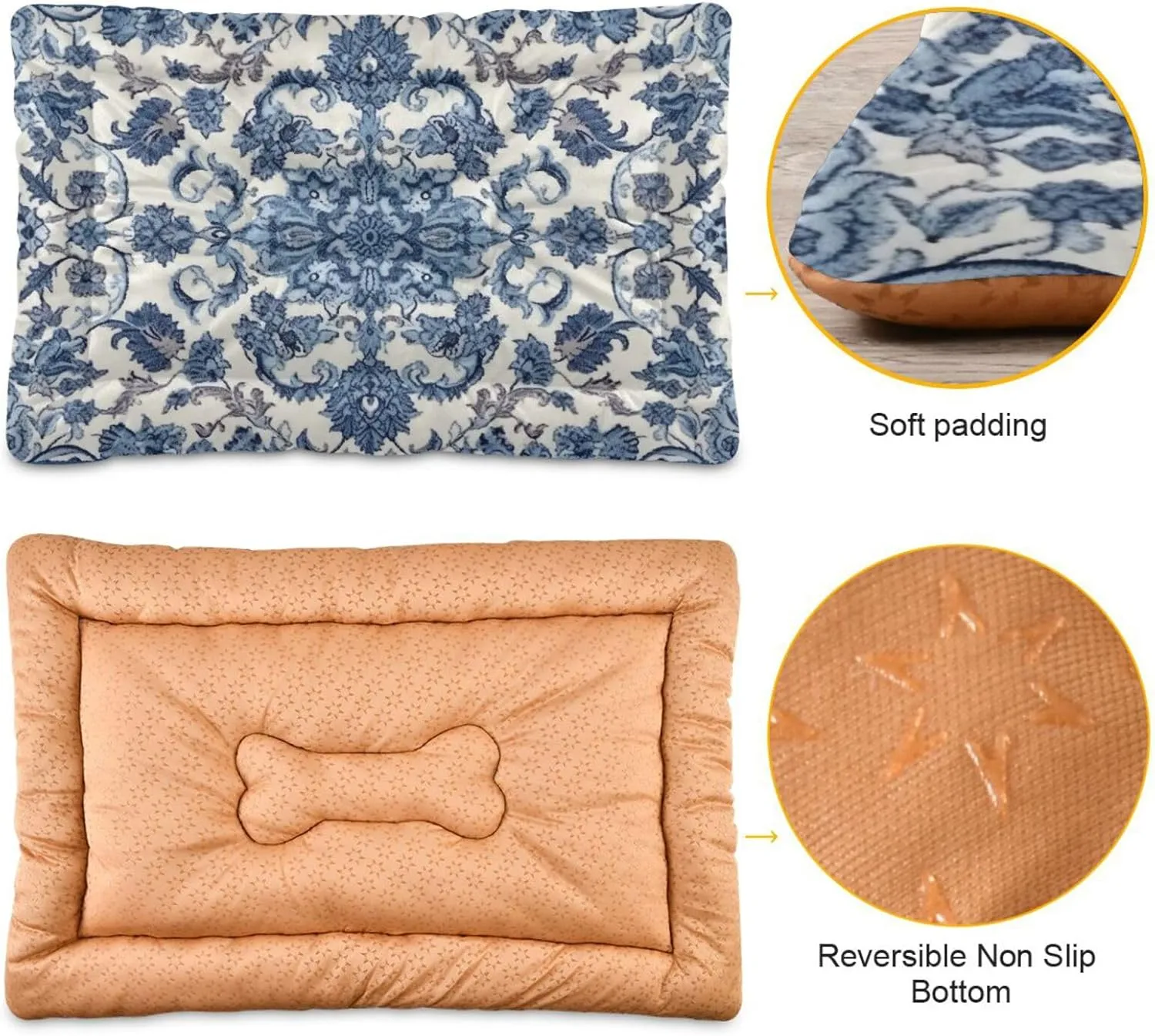 Kigai Dog Bed - Anti-Slip, Self Warming Crate Mat, Comfy & Thick Pet Sleeping Mat, Machine Washable Kennel Pad for Medium & Small Dogs, 18" x 24", Blue & White Patterned