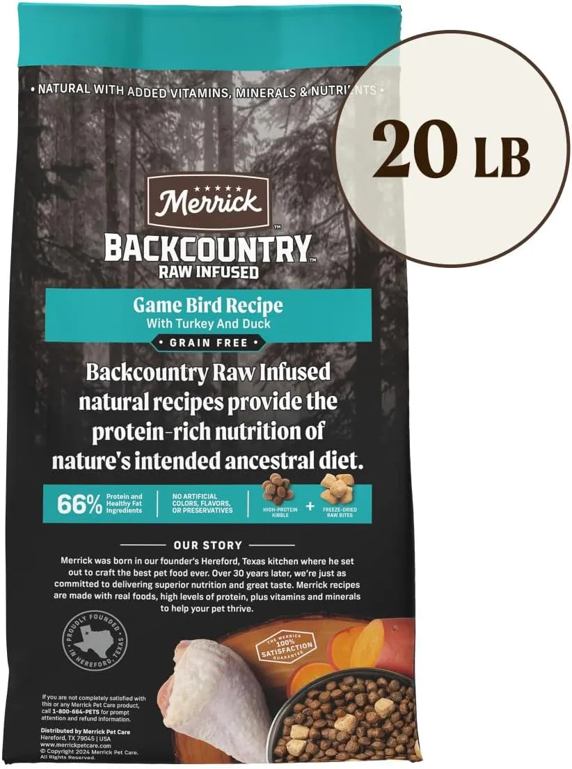 Merrick Backcountry Grain Free Dry Adult Dog Food, Kibble With Freeze Dried Raw Pieces, Game Bird Recipe - 20.0 lb. Bag