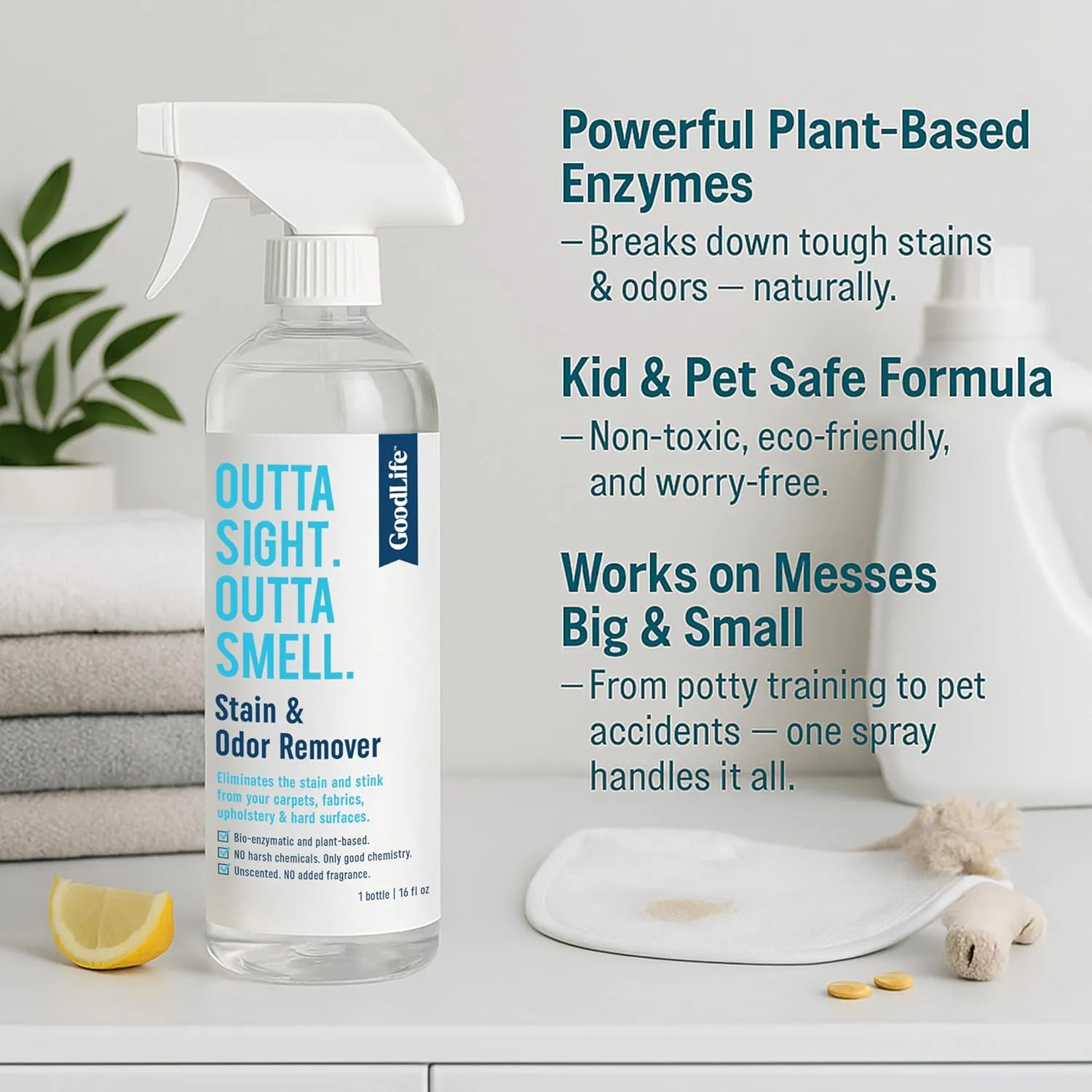 Natural Odor and Stain Remover Spray - Unscented Plant-Based Child and Pet Safe Cleaner Earth-Friendly Odor Eliminator Eco Cleaning Products for Home, Carpet, Upholstery 16 oz