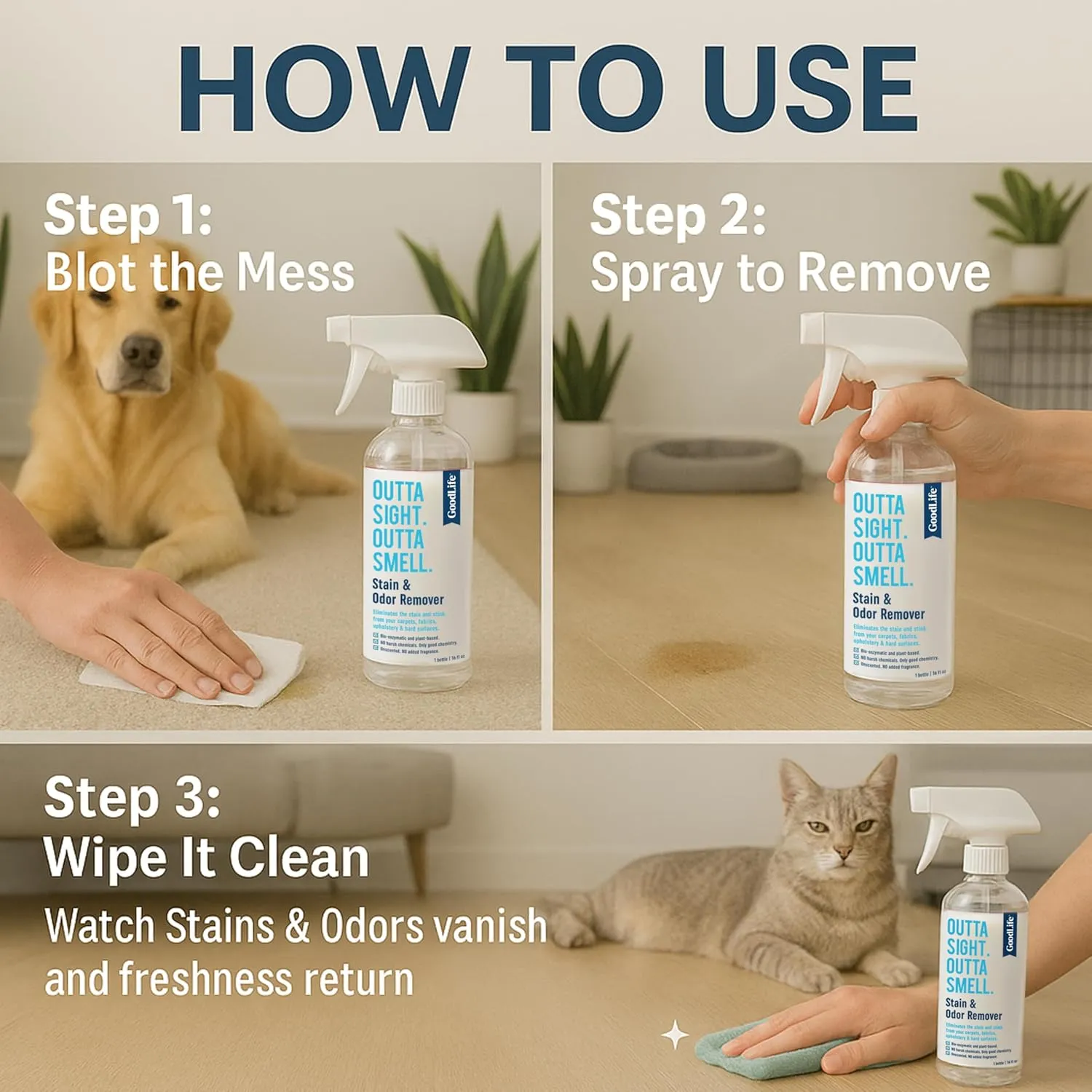 Natural Odor and Stain Remover Spray - Unscented Plant-Based Child and Pet Safe Cleaner Earth-Friendly Odor Eliminator Eco Cleaning Products for Home, Carpet, Upholstery 16 oz