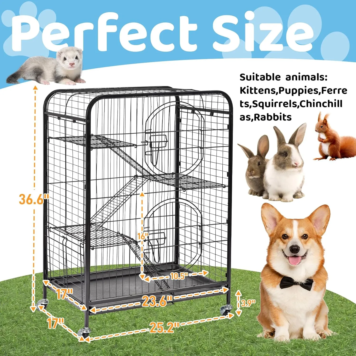 Outvita Cat Cage, 36.6 Inch Upgraded Metal Cat Playpen, Cat Enclosure, Indoor Ferret Cage Includes 3-Level Adjustable Platform, Lockable Wheels, Double Door, Pull-Out Tray, Kitten Crate Cat Kennel