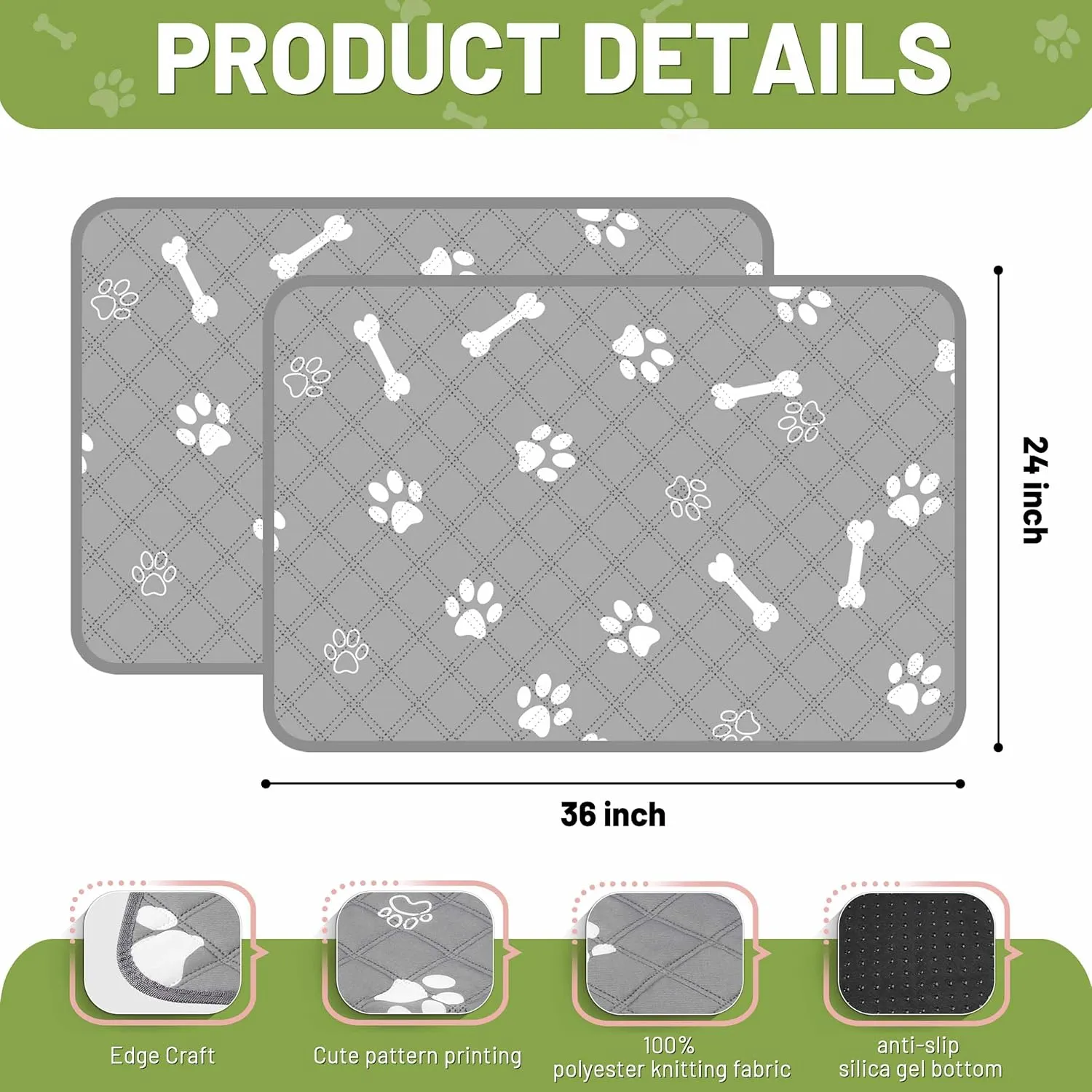 PatiencET Washable Pee Pads for Dogs, 24'' x 36" Reusable Puppy Pads with Super Absorbent, 2 Pack Puppy Potty Pads with Waterproof Bottom for Pet Training, Housebreaking and Incontinence