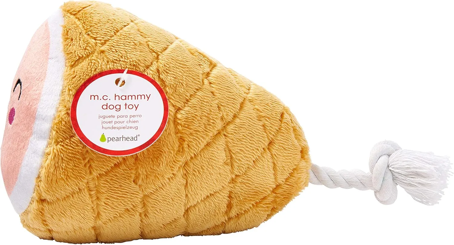 Pearhead Pet M.C. Hammy Plush and Rope Squeaker Dog Toy, Thanksgiving Fall Holiday Ham Pet Toy, Small or Medium Dog Durable Fetch Toy