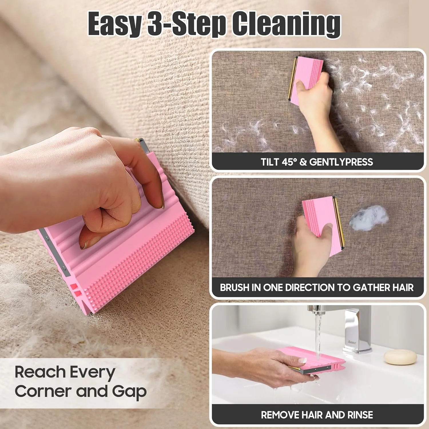 Pet Hair Remover for Car  2-in-1 Reusable Scraper & Lint Brush for Dog and Cat Fur, Portable Hair Removal Tool for Auto Detailing, Clothes, Furniture, Carpets & Fabric Pink