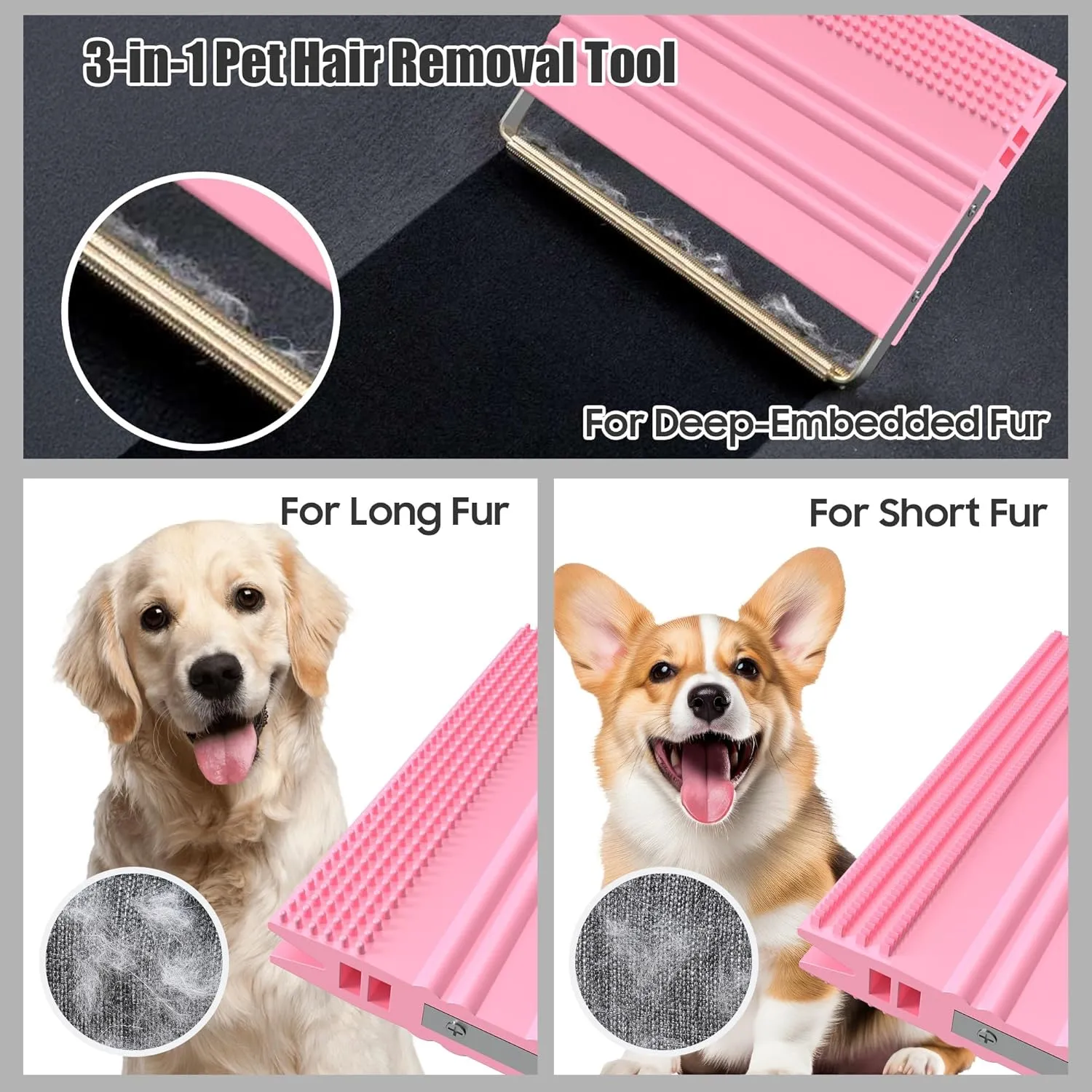 Pet Hair Remover for Car  2-in-1 Reusable Scraper & Lint Brush for Dog and Cat Fur, Portable Hair Removal Tool for Auto Detailing, Clothes, Furniture, Carpets & Fabric Pink