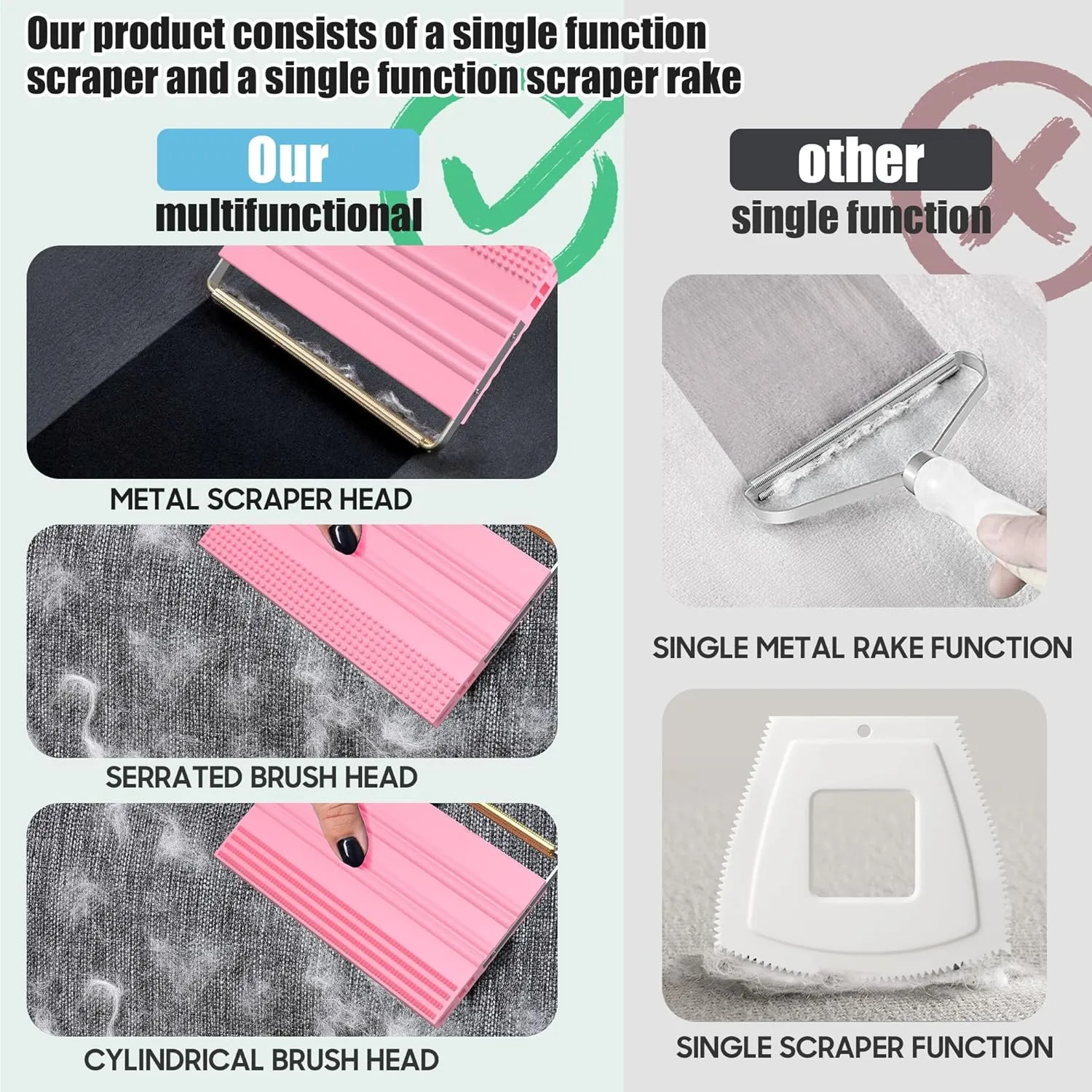 Pet Hair Remover for Car  2-in-1 Reusable Scraper & Lint Brush for Dog and Cat Fur, Portable Hair Removal Tool for Auto Detailing, Clothes, Furniture, Carpets & Fabric Pink