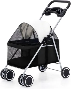 Pet Stroller 4 Wheels Collapsible Portable Cat Dog Strolling Cart Lightweight Ventilating Pet Travel Carrier Easy Fold No Assembly for Cats and Dogs (Black)