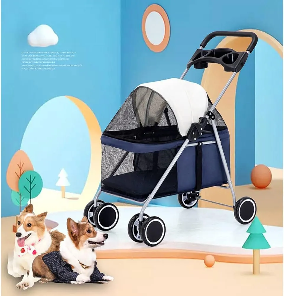 Pet Stroller 4 Wheels Collapsible Portable Cat Dog Strolling Cart Lightweight Ventilating Pet Travel Carrier Easy Fold No Assembly for Cats and Dogs (Black)