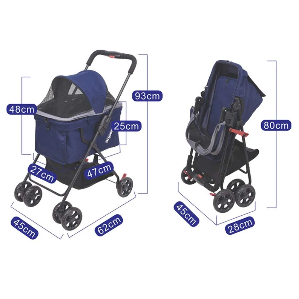 Pet Trolley Cart, Foldable Cat Dog Pram Buggy with Storage Basket, Front Swivel Wheels Quick Folding, Max Loading 15kg (Blue)
