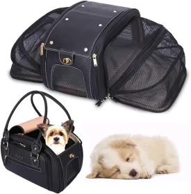 PetsHome Dog Carrier, Cat Carrier, Expandable Foldable Airline Approved Leather Pet Travel Portable Bag Carrier for Small Dog, Medium Black