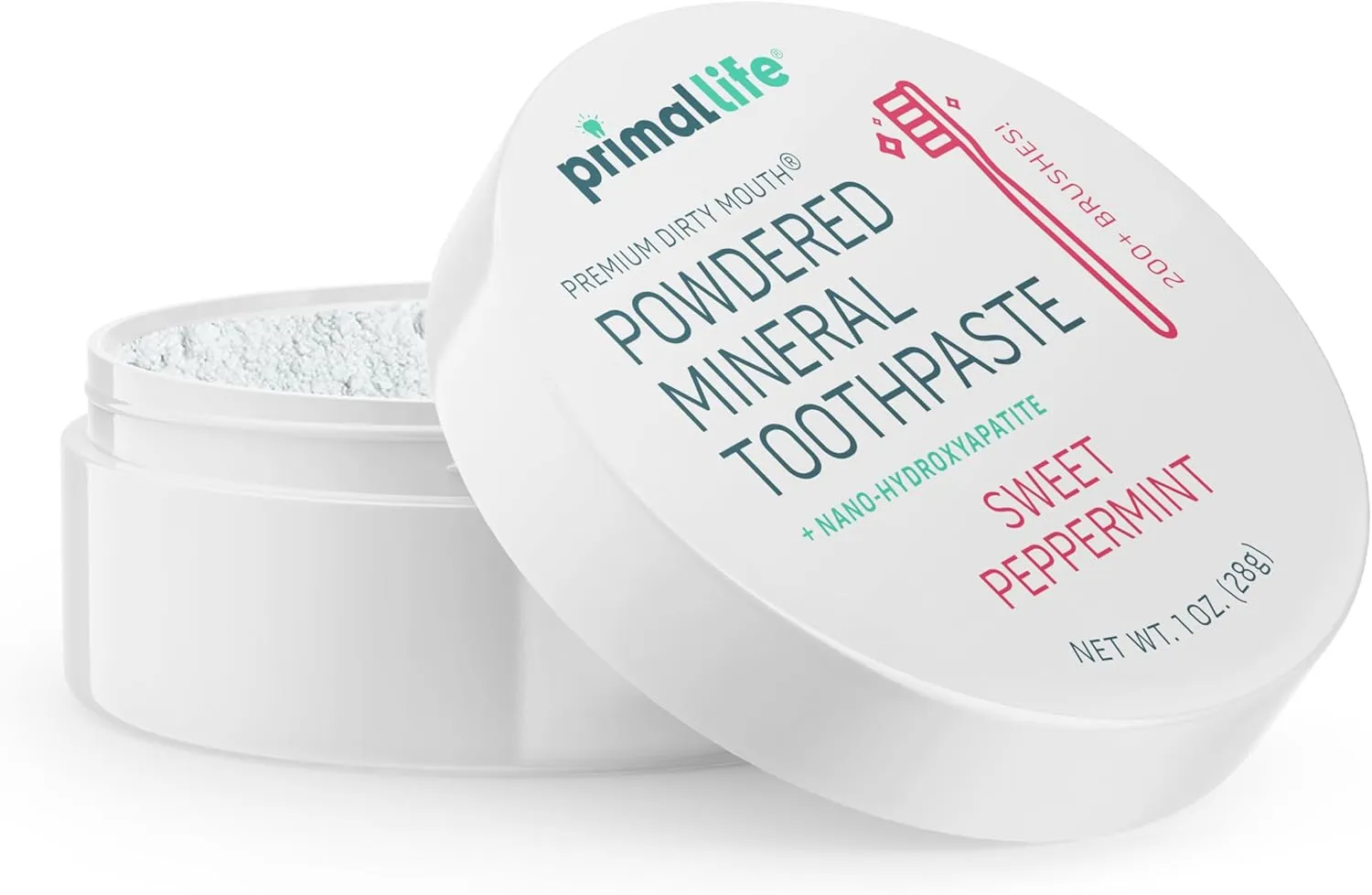 Primal Life Organics - Dirty Mouth Toothpowder, Tooth Cleaning Powder, Flavored Essential Oils with Natural Kaolin & Bentonite Clay, Good for 200  Brushings, Organic, Vegan (Sweet Peppermint, 1 oz)