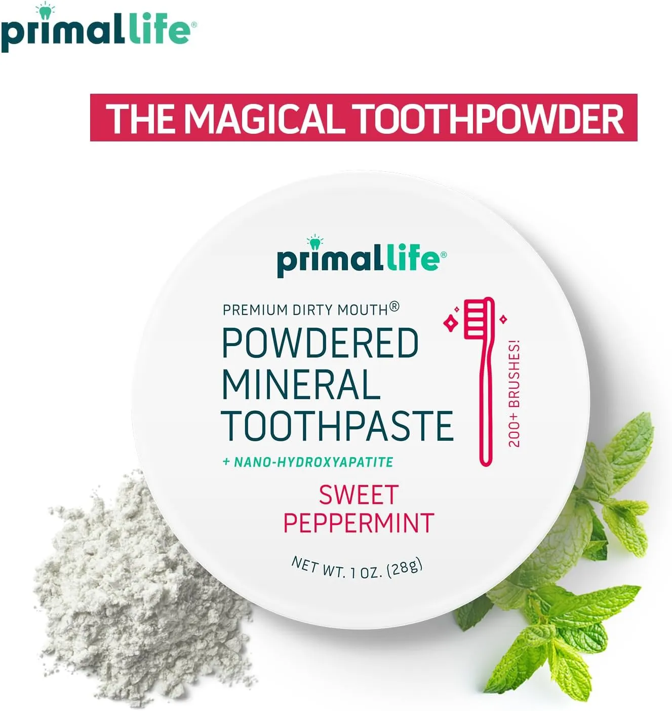 Primal Life Organics - Dirty Mouth Toothpowder, Tooth Cleaning Powder, Flavored Essential Oils with Natural Kaolin & Bentonite Clay, Good for 200  Brushings, Organic, Vegan (Sweet Peppermint, 1 oz)