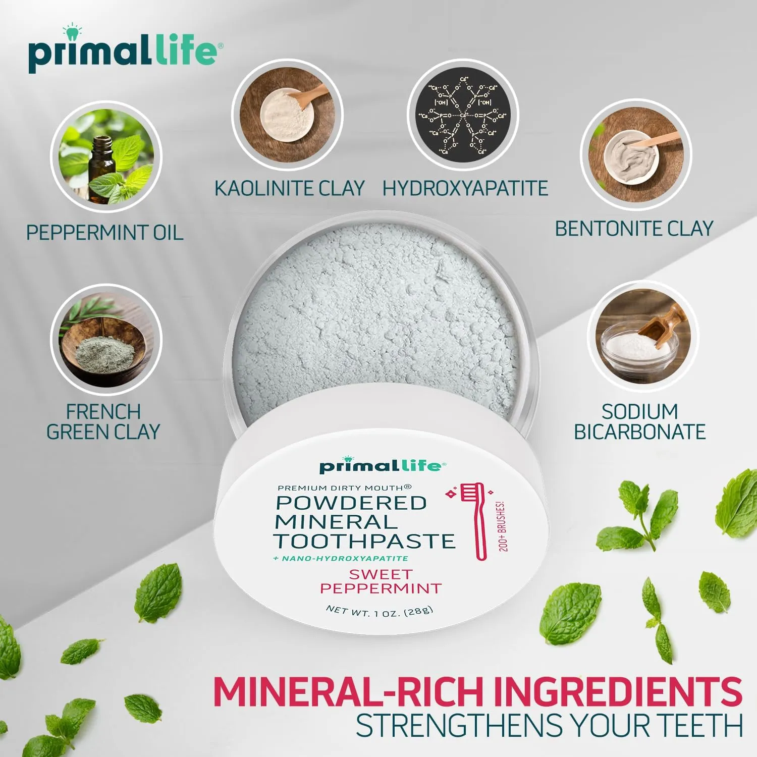 Primal Life Organics - Dirty Mouth Toothpowder, Tooth Cleaning Powder, Flavored Essential Oils with Natural Kaolin & Bentonite Clay, Good for 200  Brushings, Organic, Vegan (Sweet Peppermint, 1 oz)