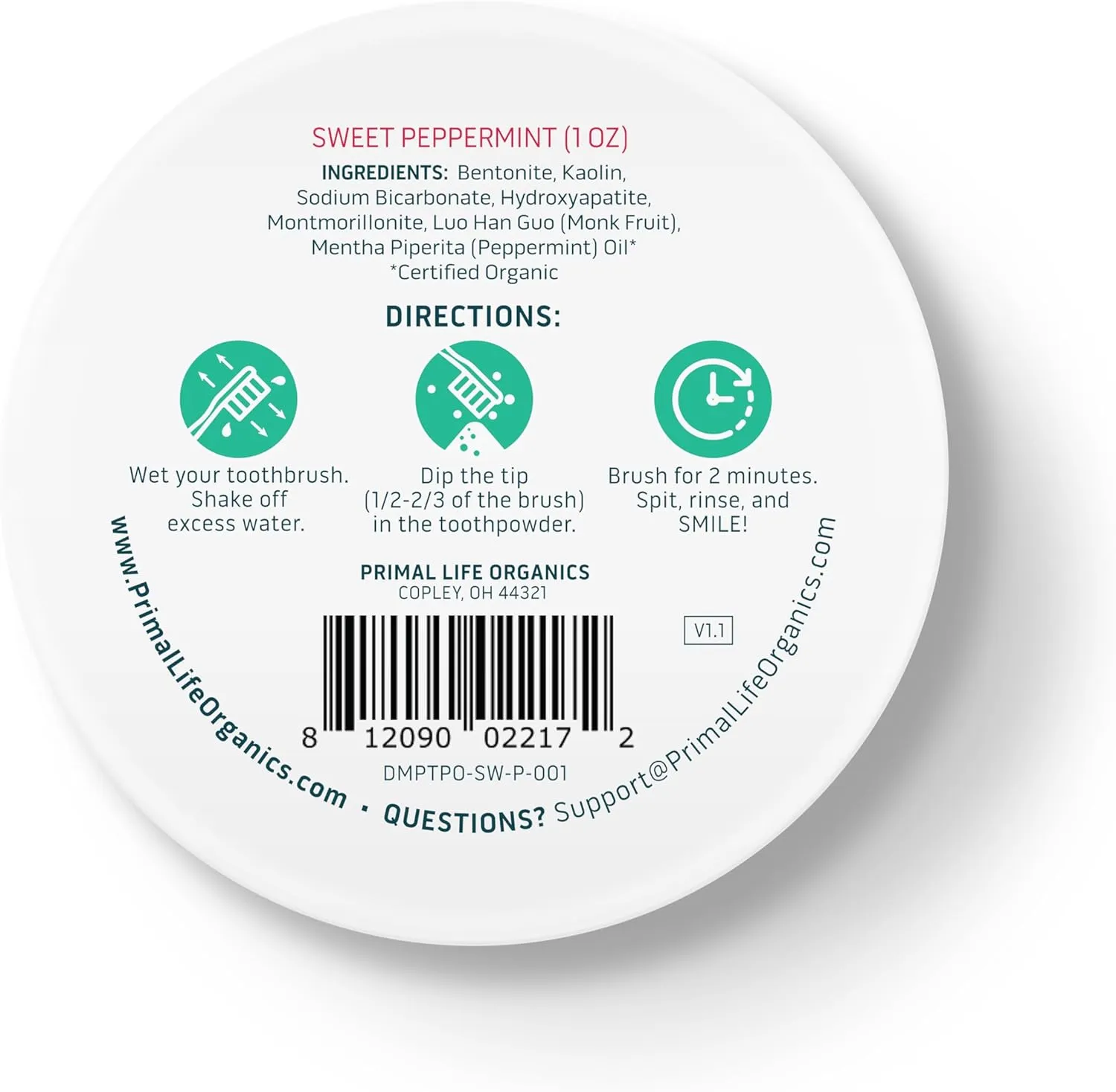 Primal Life Organics - Dirty Mouth Toothpowder, Tooth Cleaning Powder, Flavored Essential Oils with Natural Kaolin & Bentonite Clay, Good for 200  Brushings, Organic, Vegan (Sweet Peppermint, 1 oz)