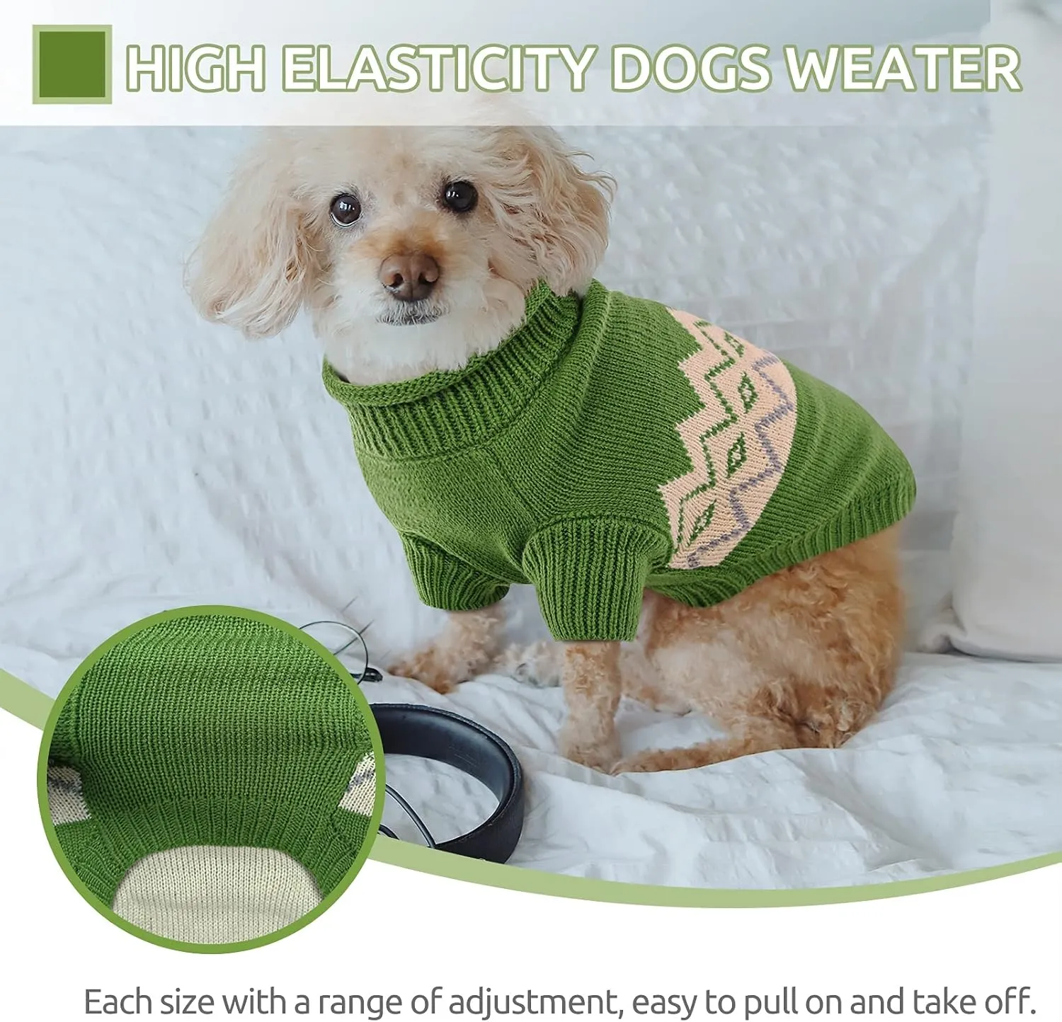 Queenmore Warm Dog Sweater, Soft Pet Knitwear, Knitted Pullover, Winter Pet Clothes for Small Medium Dogs Cats Green