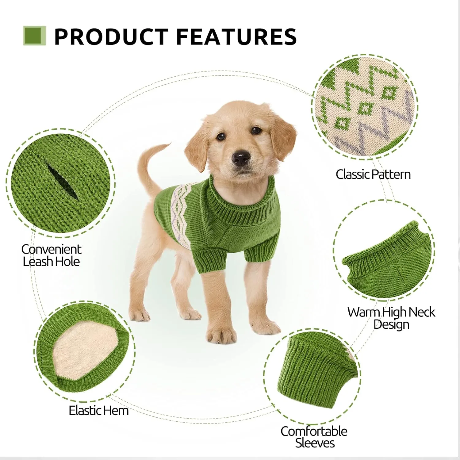Queenmore Warm Dog Sweater, Soft Pet Knitwear, Knitted Pullover, Winter Pet Clothes for Small Medium Dogs Cats Green