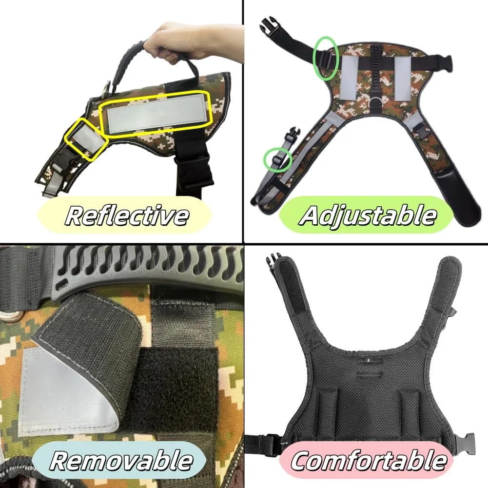 Reflective Tactical Dog Harness for Large Dogs, No Pull Heavy Duty Dog Vest Harness with Handle, Adjustable Removable Service Harnesses for Dogs, Camouflage, L