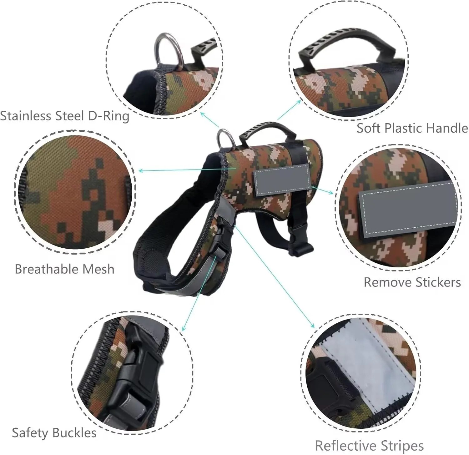 Reflective Tactical Dog Harness for Large Dogs, No Pull Heavy Duty Dog Vest Harness with Handle, Adjustable Removable Service Harnesses for Dogs, Camouflage, L