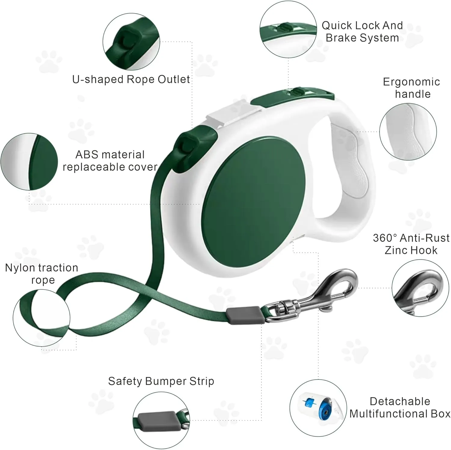 Retractable Dog Leash, 10 ft Lightweight, with Waste Bag Dispenser, Tangle-Free, for Dogs up to 33 lbs, Retro Green