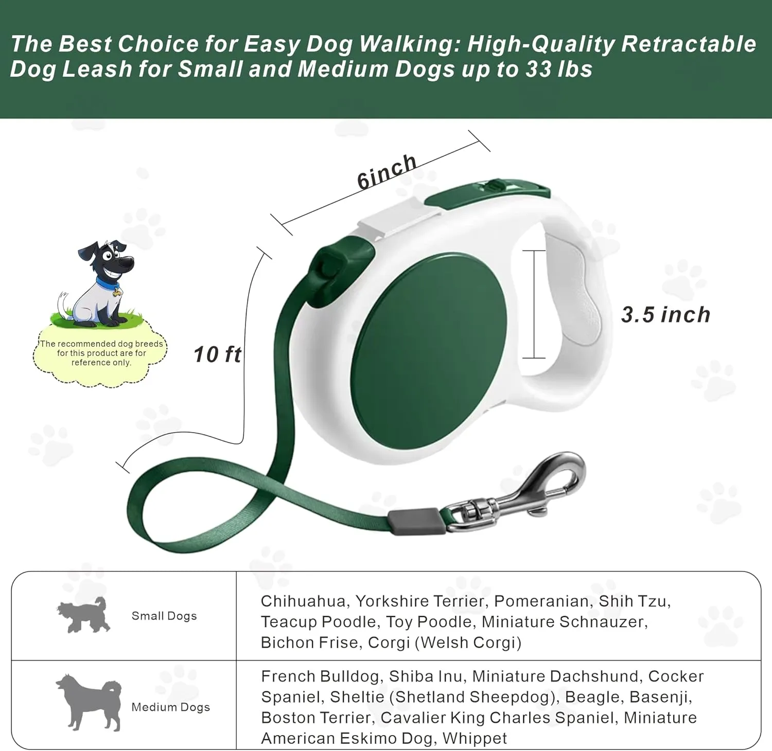Retractable Dog Leash, 10 ft Lightweight, with Waste Bag Dispenser, Tangle-Free, for Dogs up to 33 lbs, Retro Green