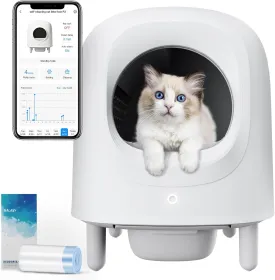 Self Cleaning Litter Box, Automatic Cat Box Self Cleaning, Anti Pinch Smart Kitty Robot with Odor Removal and APP Control for Multiple Cats, White