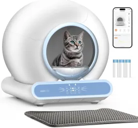 Self Cleaning Litter Box, Integrated Safety Automatic Cat Litter Box Self Cleaning 65L 9L for Multiple Cats, App Control, Odor Removal, Includes Mat & Liner (3 Rolls) - Blue