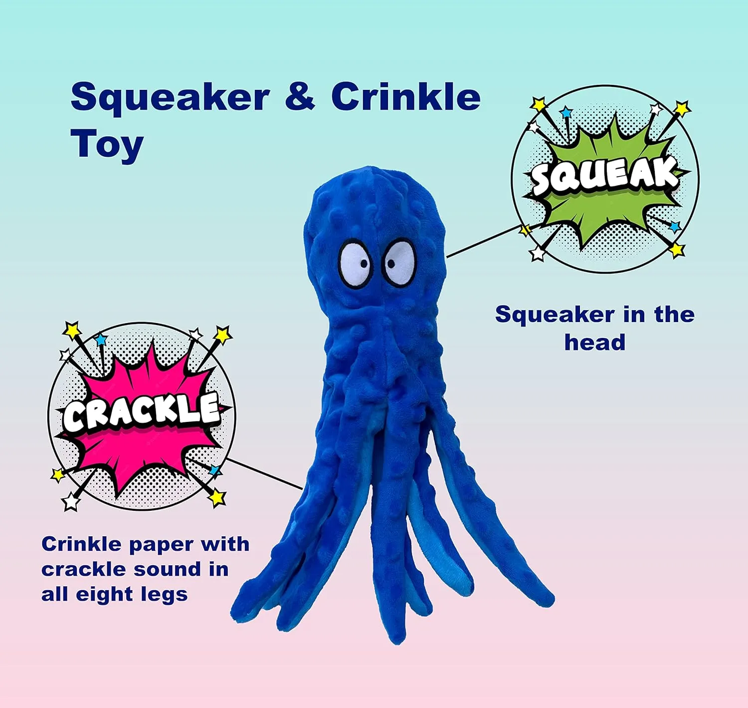 Squeaky Dog Toys Octopus - No Stuffing for Small, Medium and Large Breeds, Tough Dog Toys to Keep Them Busy, Durable and Soft Crinkle Plush Puppy Chew Toys for Teething and Boredom (Blue Octopus 1PC)