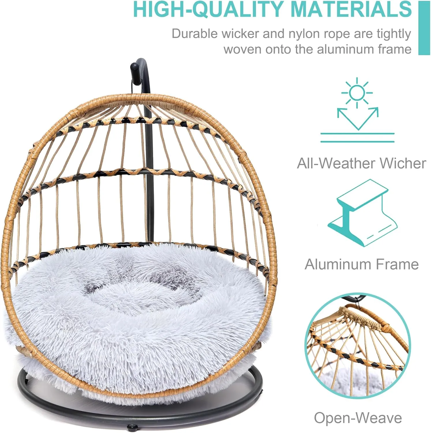 SWITTE Cat Bed Pet Egg Chair Hanging Swing Bed Hand Made Rattan Hammock with Removable Soft Cushion Easy Cleaning Suitable Small Dog & Cats and Indoors & Outdoors-Light Grey