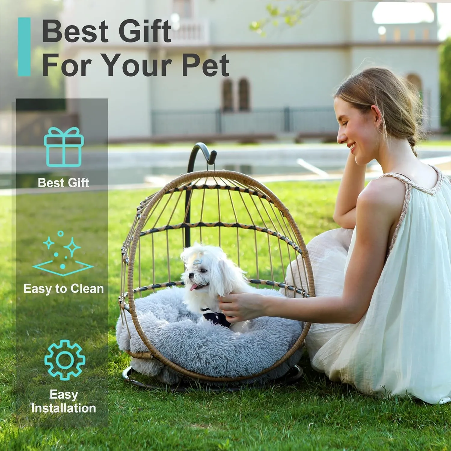 SWITTE Cat Bed Pet Egg Chair Hanging Swing Bed Hand Made Rattan Hammock with Removable Soft Cushion Easy Cleaning Suitable Small Dog & Cats and Indoors & Outdoors-Light Grey