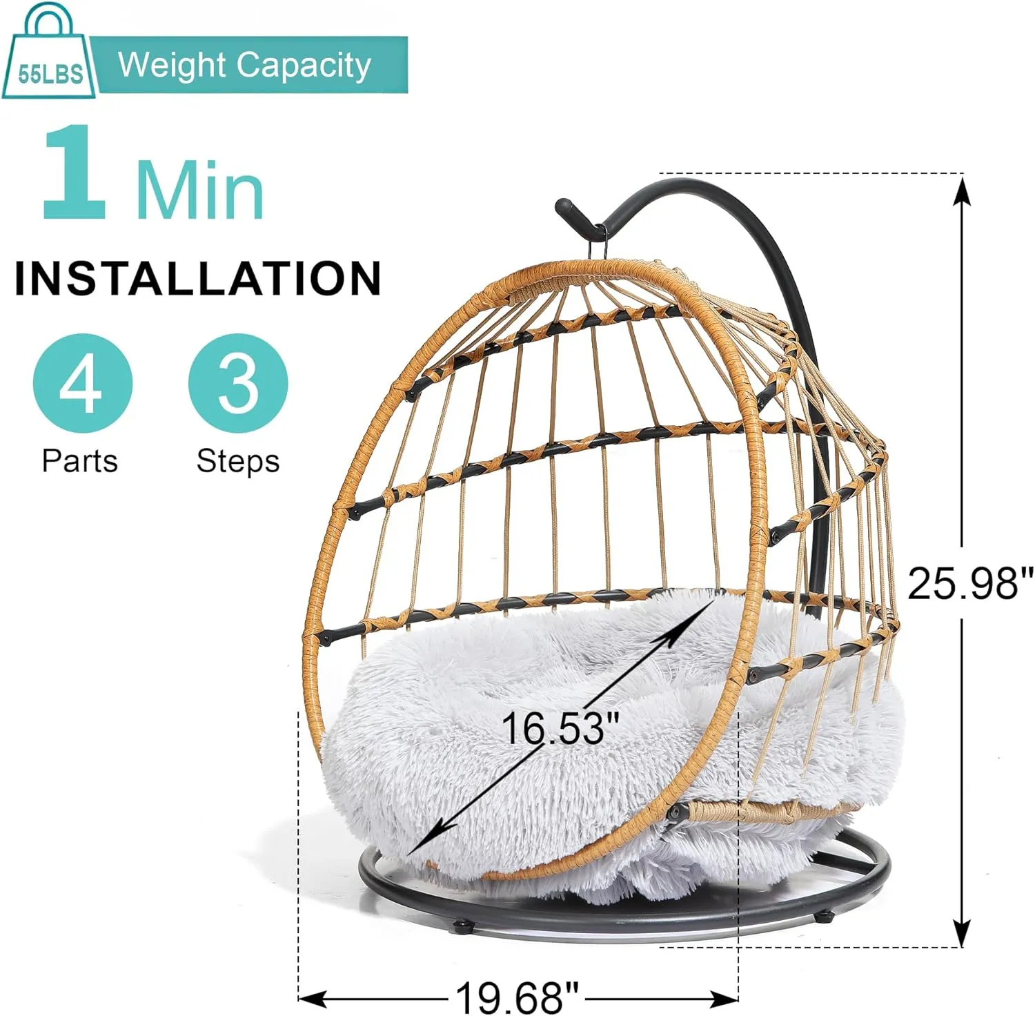 SWITTE Cat Bed Pet Egg Chair Hanging Swing Bed Hand Made Rattan Hammock with Removable Soft Cushion Easy Cleaning Suitable Small Dog & Cats and Indoors & Outdoors-Light Grey