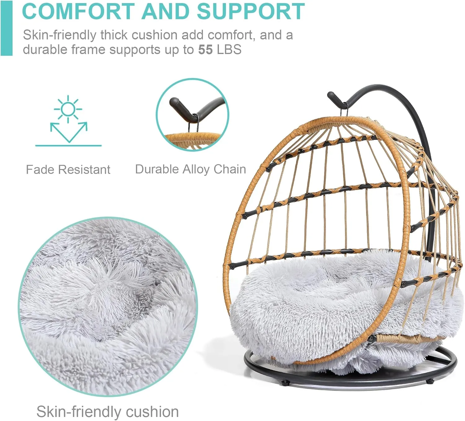 SWITTE Cat Bed Pet Egg Chair Hanging Swing Bed Hand Made Rattan Hammock with Removable Soft Cushion Easy Cleaning Suitable Small Dog & Cats and Indoors & Outdoors-Light Grey