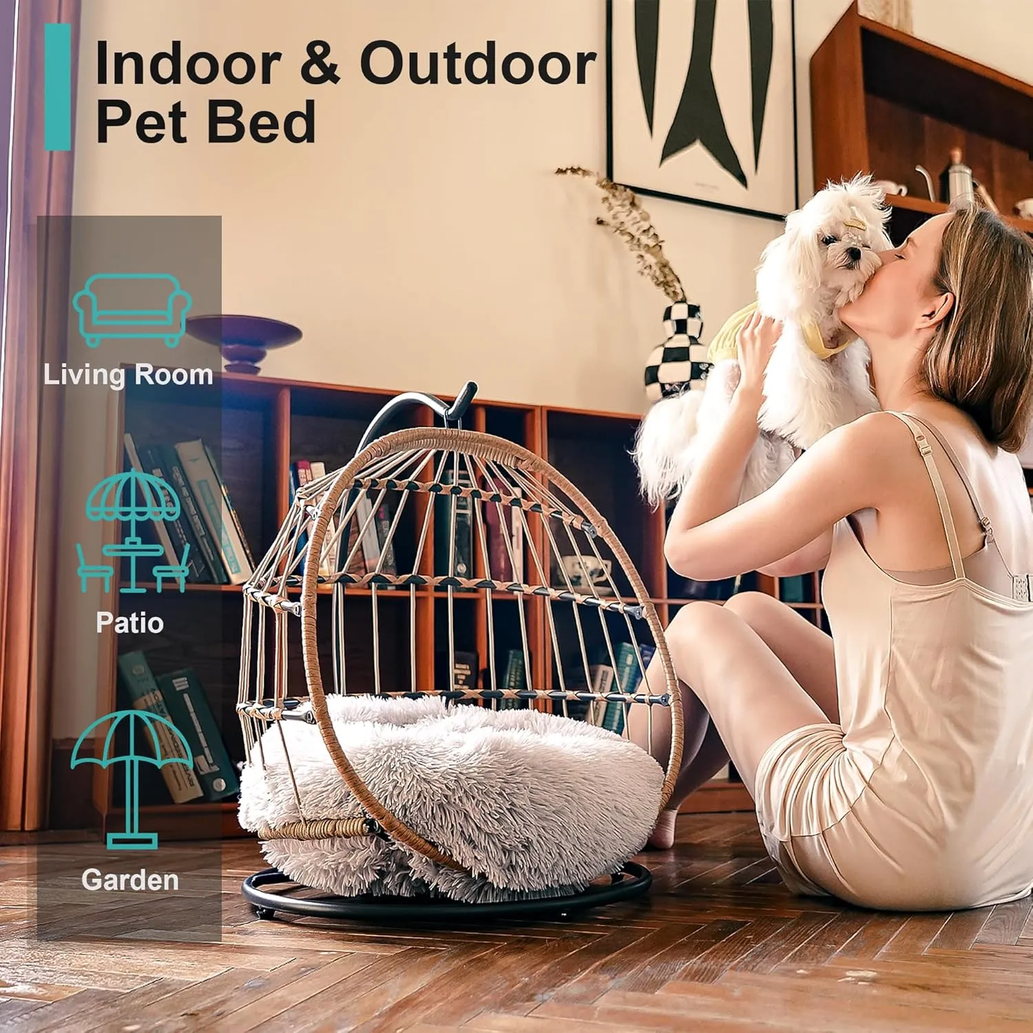 SWITTE Cat Bed Pet Egg Chair Hanging Swing Bed Hand Made Rattan Hammock with Removable Soft Cushion Easy Cleaning Suitable Small Dog & Cats and Indoors & Outdoors-Light Grey