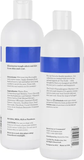 The Dodo Tearless Hypoallergenic Shampoo for Dogs, Fragrance Free with Aloe Vera and Vitamin E ; Hypoallergenic Dog Shampoo; Sensitive Skin Dog Shampoo (Pack of 2)