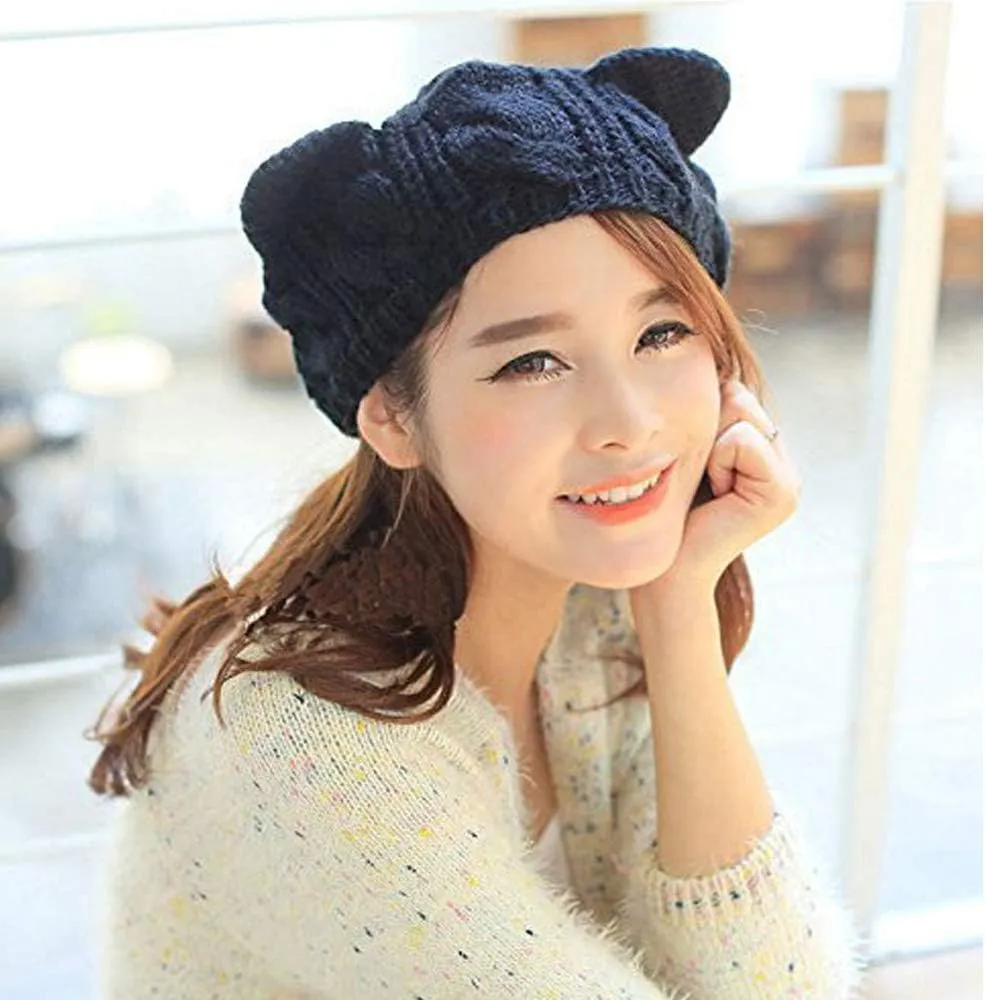 umbresen Cute Woollike Knitted CAT Kitty Ears Women Lady Girl Headgear Crochet Christmas Hats