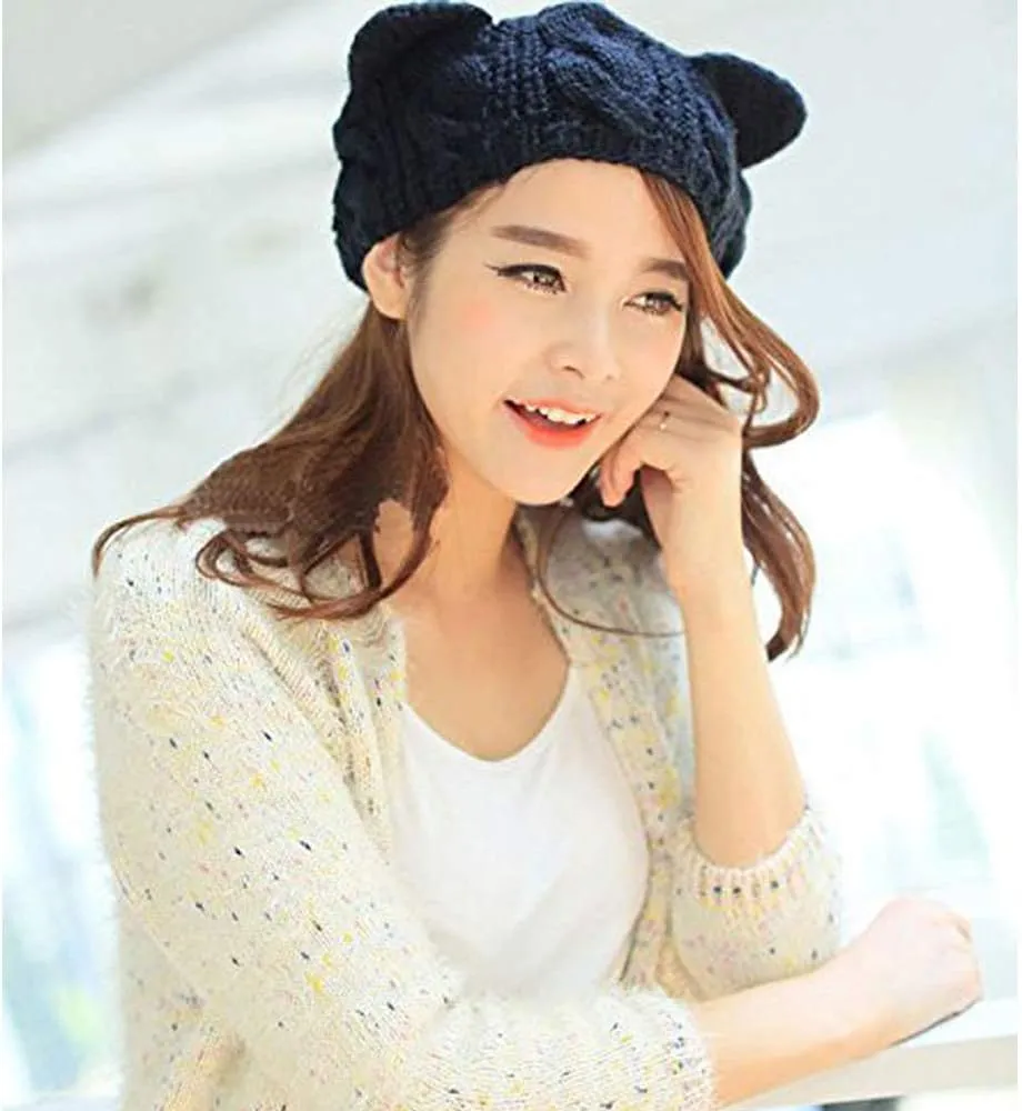 umbresen Cute Woollike Knitted CAT Kitty Ears Women Lady Girl Headgear Crochet Christmas Hats