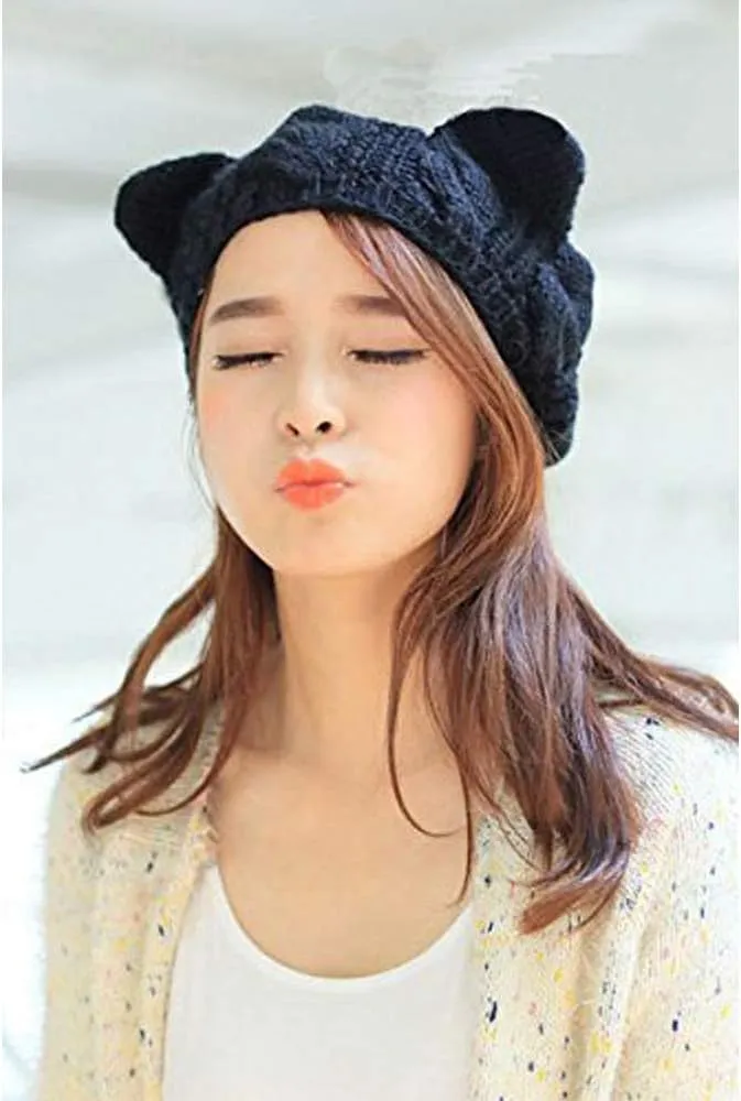 umbresen Cute Woollike Knitted CAT Kitty Ears Women Lady Girl Headgear Crochet Christmas Hats