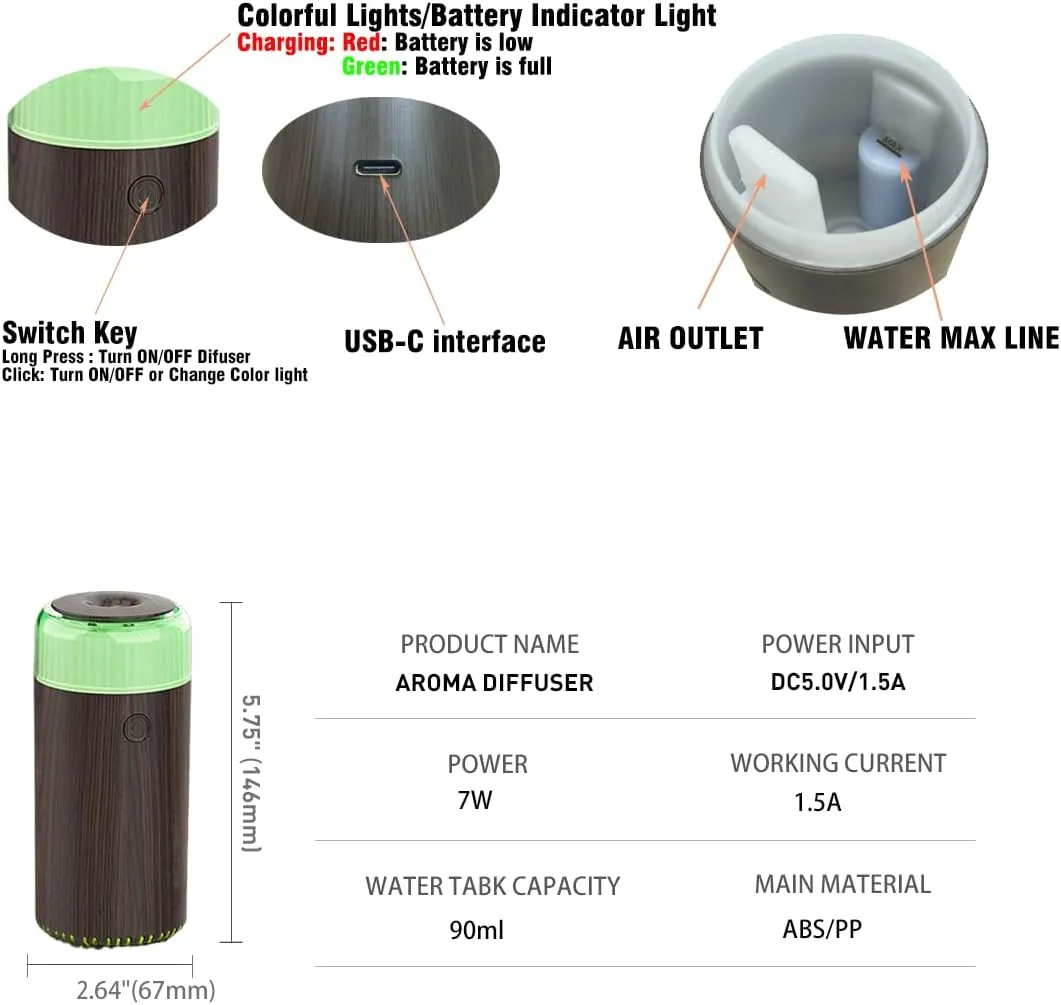 Unee Upgrade Car Diffuser,90ml USB Rechargeable Aroma Essential Oil Aromatherapy Humidifier Diffuser(Built-in Battery Dark Grey Wood Grain)