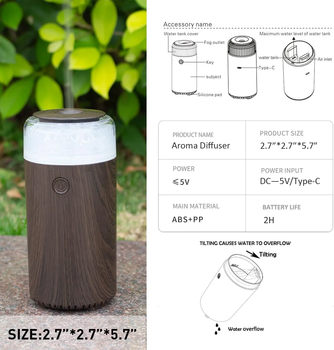 Unee Upgrade Car Diffuser,90ml USB Rechargeable Aroma Essential Oil Aromatherapy Humidifier Diffuser(Built-in Battery Dark Grey Wood Grain)