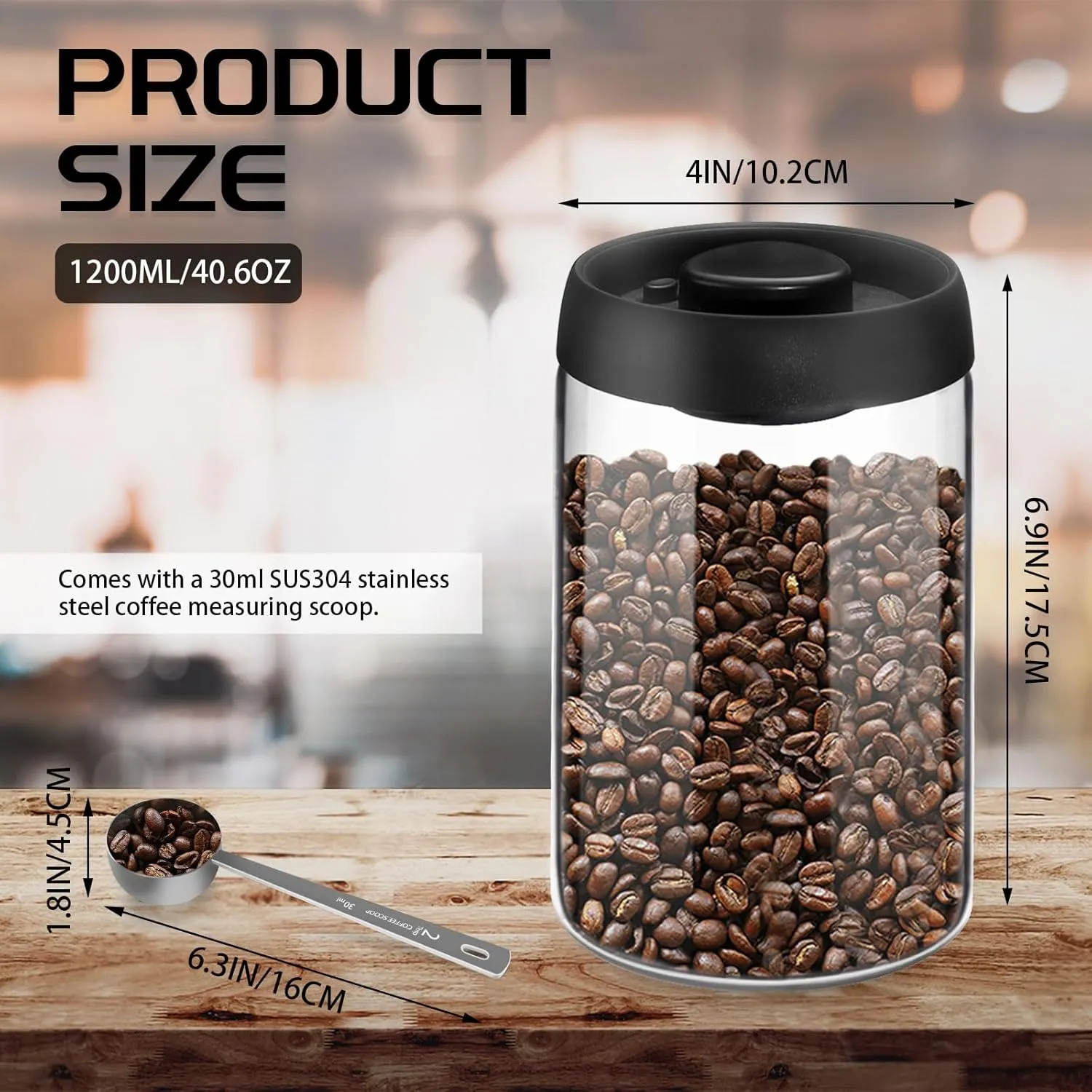 Vacuum Coffee Canister for Coffee Bean Storage, 1.2L/40.6oz Airtight Coffee Storage Container, Glass Manual Vacuum Seal Coffee Container with Scoop for Coffee Bean, Ground Coffee, Tea
